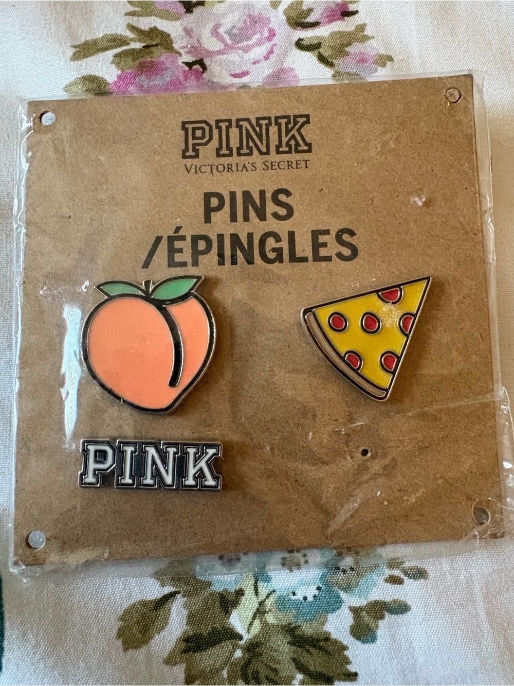 PINK Victoria's Secret Peach, Yellow Pizza & Silver Logo Enamel Pin Set